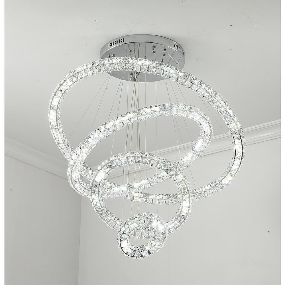 Tiered Crystal Ring Chandelier — Metal & Crystal, LED 3000K, 3-Ring or 4-Ring, 39" Adjustable Cord