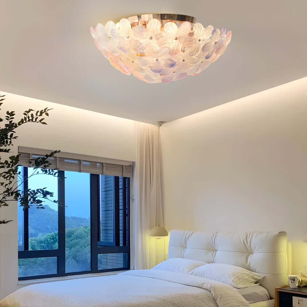 French Petal Glass Semi Flush-Mount — Iron Body, E14, 6-Light or 9-Light, Pink / Blue / Mint Green