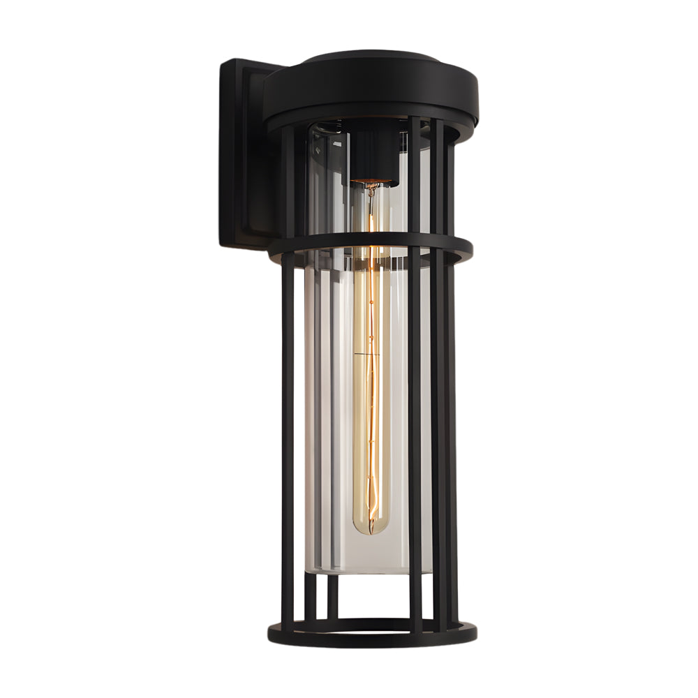 Cylindrical Outdoor Wall Sconce — Black Aluminum, Tempered Glass, E27 LED, IP54, 14.2" or 18.1"