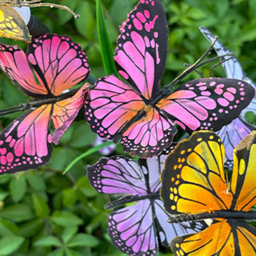 Six-Head Butterfly Solar Garden Stake Light — Fabric Butterflies, LED Warm White, Dusk-to-Dawn, IP65 Weatherproof