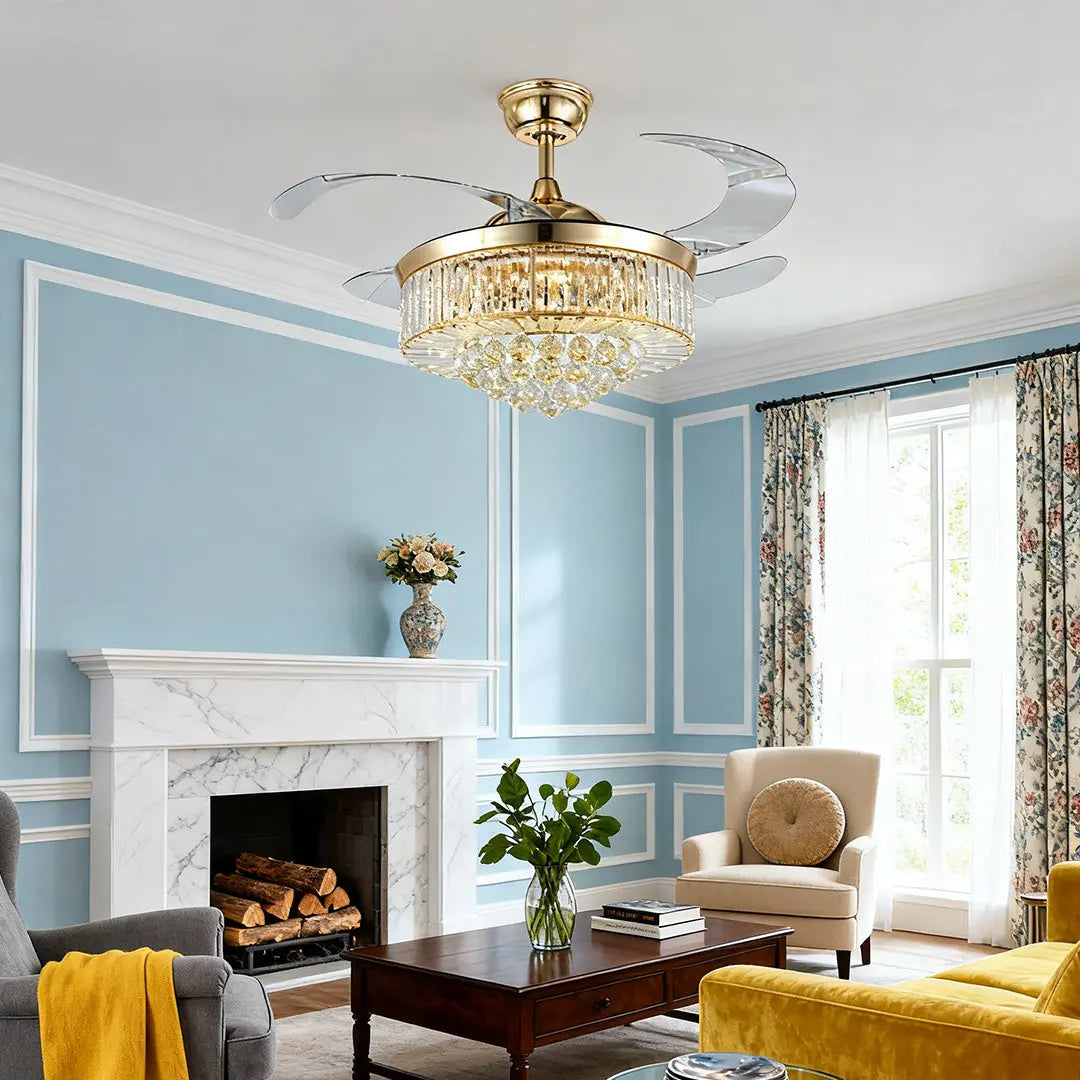 Luxury European-Style Crystal Ceiling Fan with Lights in Gold Iron Luxe