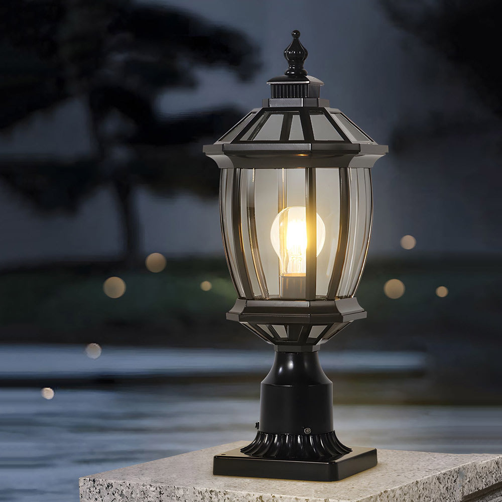 Octagonal Pagoda Pillar Light — Aluminum & Glass, Solar / Hardwired, 3-Step Dimming, Black or Bronze