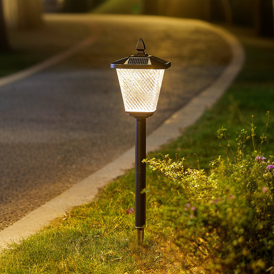 Pointed-Top Solar LED Path Light — Die-Cast Aluminum, Dual-Color 3000K/6000K, Adjustable Height, IP54, Stake or Base Mount