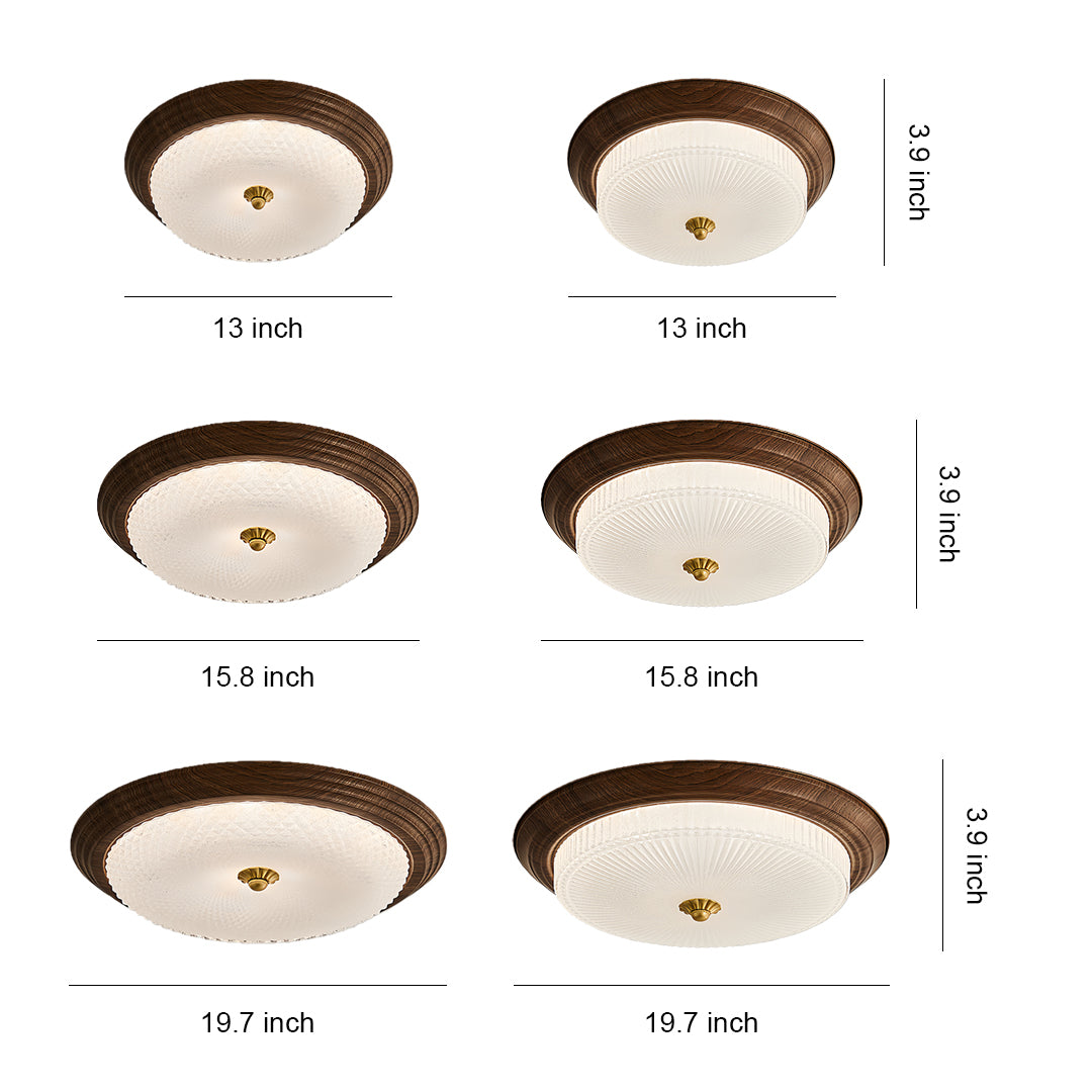 Art Deco Flush-Mount Ceiling Light — Walnut-Tone Iron, Transparent Glass, Full-Spectrum LED, 3-Step Dimming (3000K/4500K/6000K)