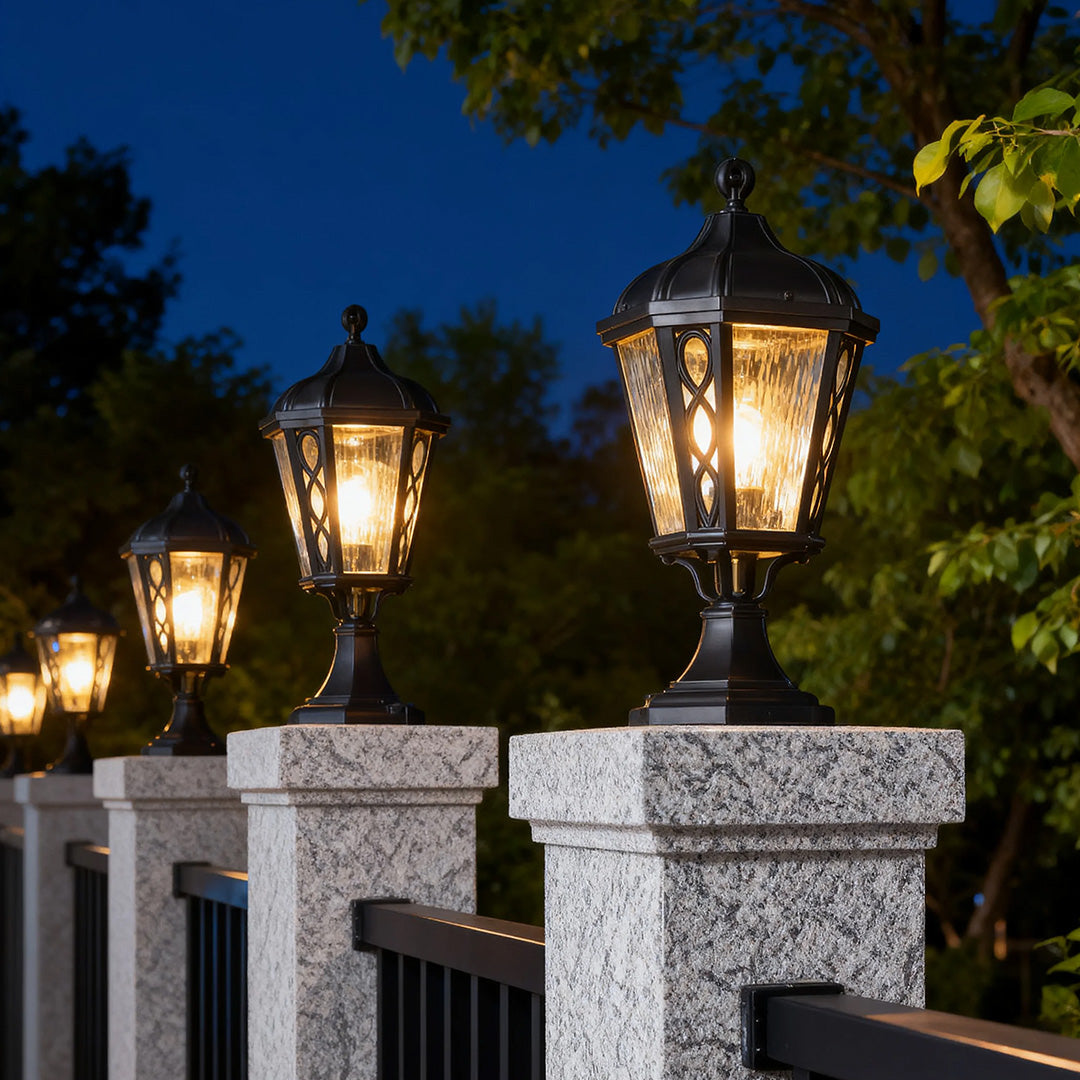 Vintage Column Outdoor Post Light — Sand-Black Aluminum, Glass Shade, 12W E26, IP44, 3000K