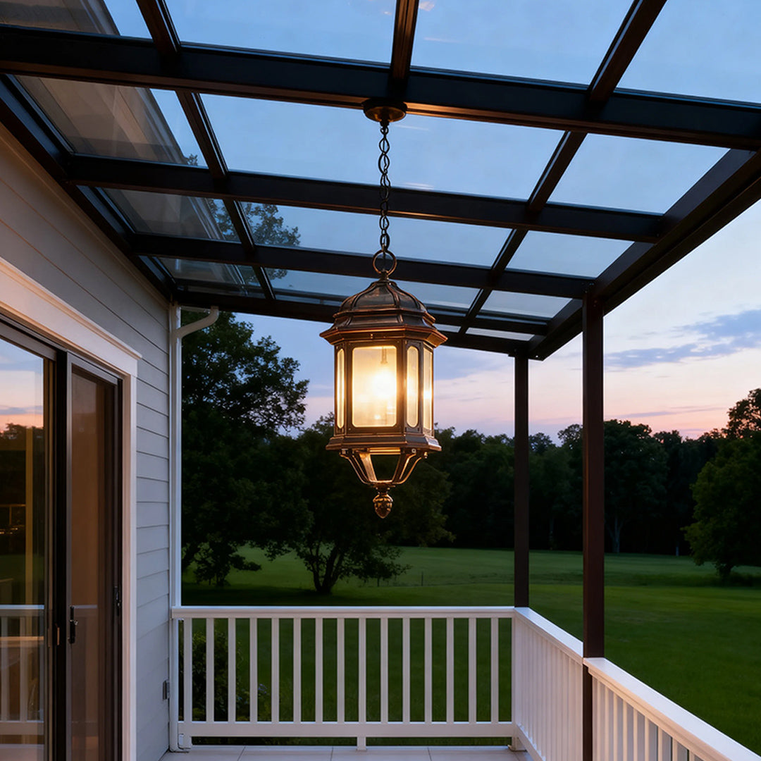 Minimalist Outdoor Hanging Pendant — Coffee Aluminum, Clear Glass, 9W E26, IP44, 80cm Adjustable Chain