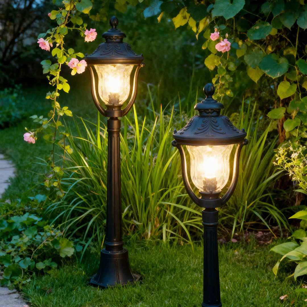 Classic Bollard Outdoor Post Light — Coffee Aluminum, Glass Shade, 12W E26, IP44, 45"H
