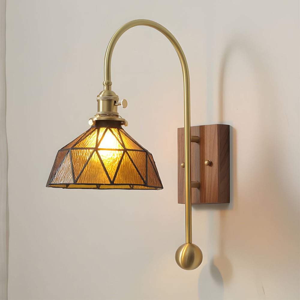 vintage brass wall light with glass shade high arm design 1 head