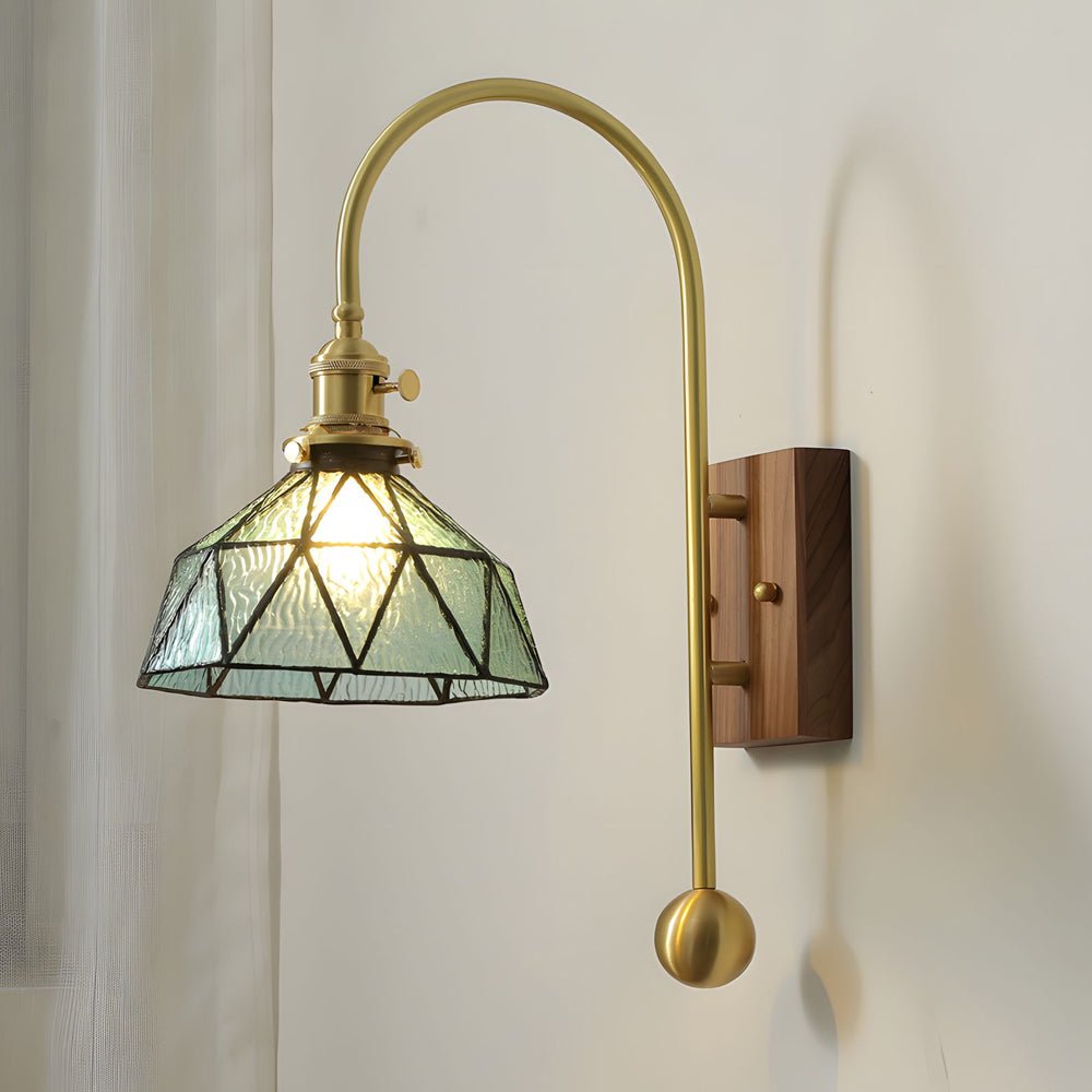 vintage brass wall light with glass shade high arm design 1 head