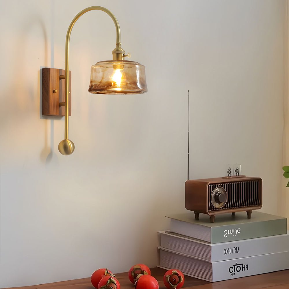 vintage brass wall light with glass shade high arm design 1 head