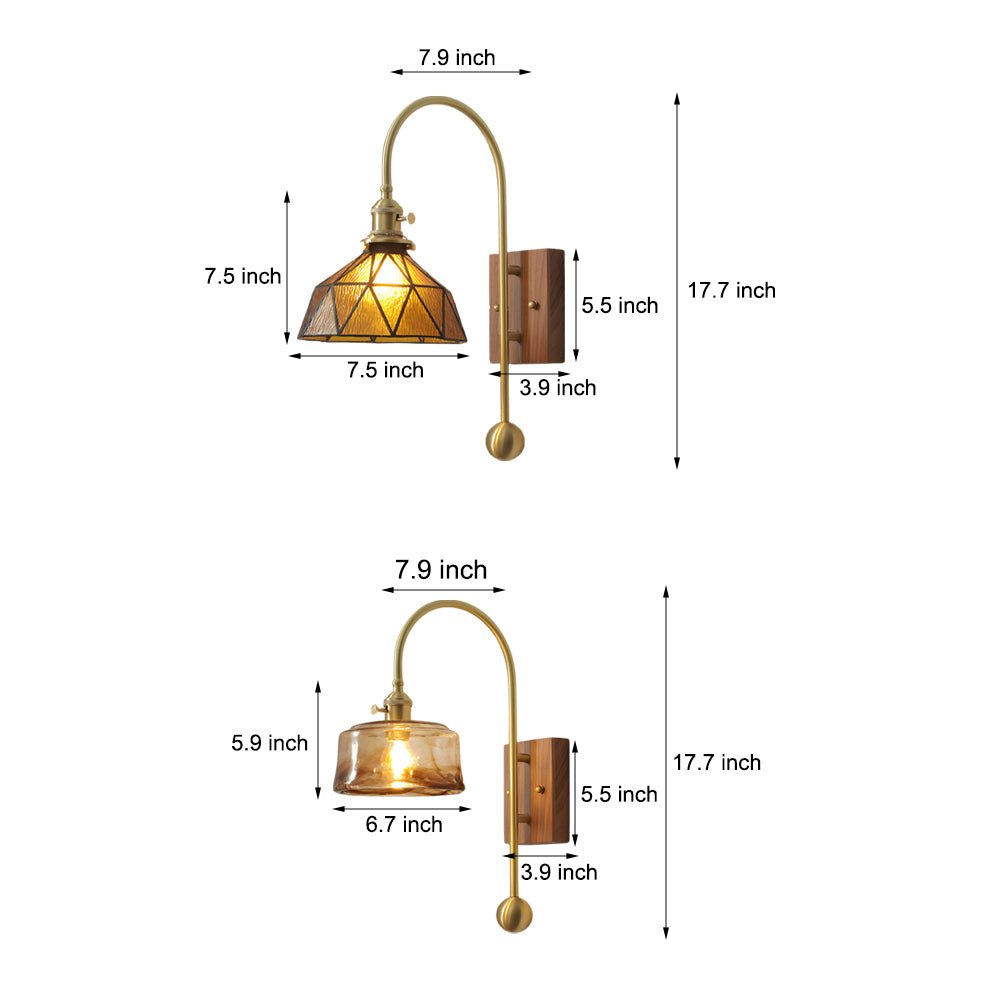 vintage brass wall light with glass shade high arm design 1 head