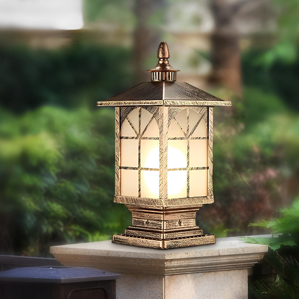 Modern Retro Outdoor Pillar Light — Die-Cast Aluminum, Frosted Glass, 12W LED E27, IP55, 3000K Warm White, Bronze or Black