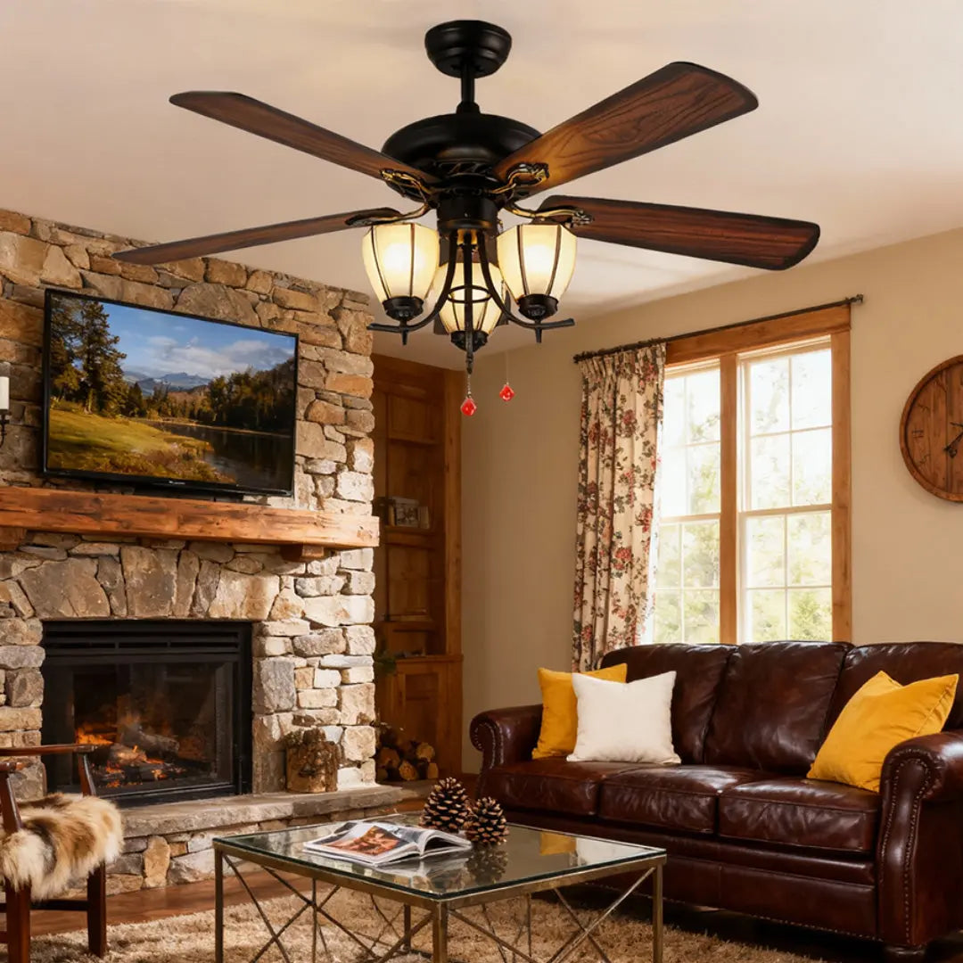 Vintage-Inspired Ceiling Fan with Lights - Dark Wood Grain Lamp Luxe