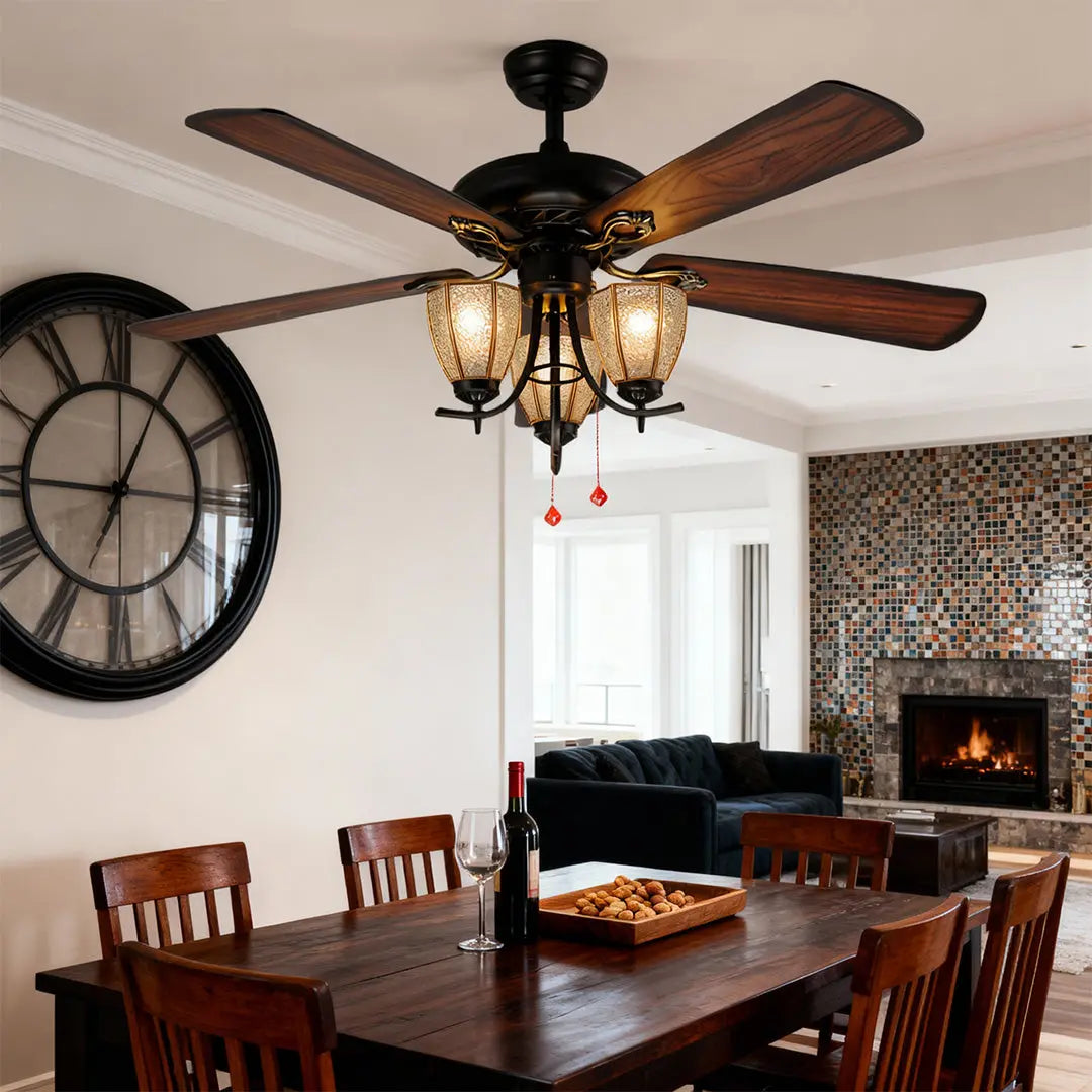 Vintage-Inspired Ceiling Fan with Lights - Dark Wood Grain Lamp Luxe