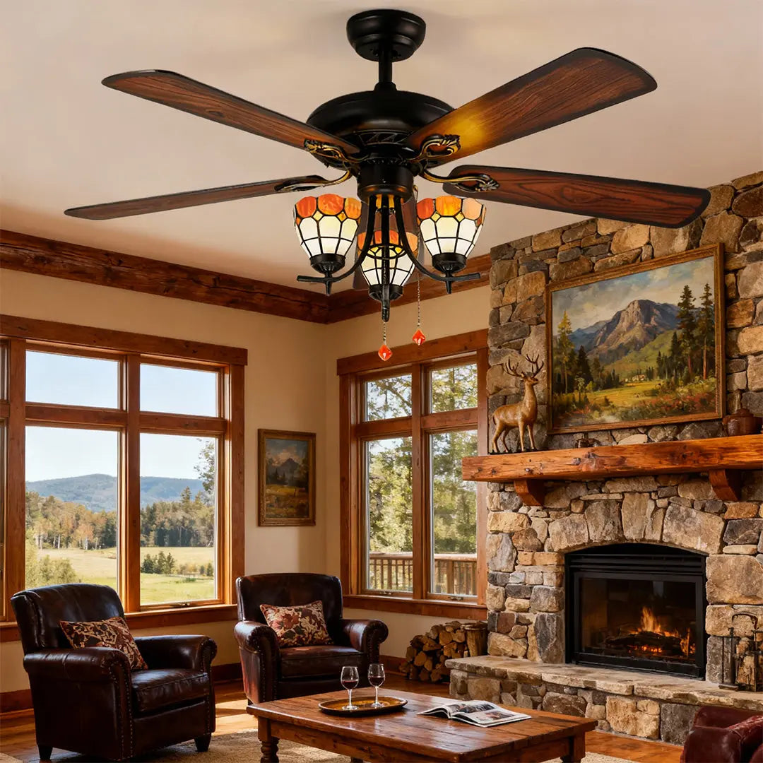 Vintage-Inspired Ceiling Fan with Lights - Dark Wood Grain Lamp Luxe
