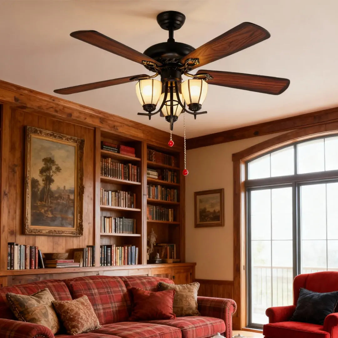 Vintage-Inspired Ceiling Fan with Lights - Dark Wood Grain Lamp Luxe