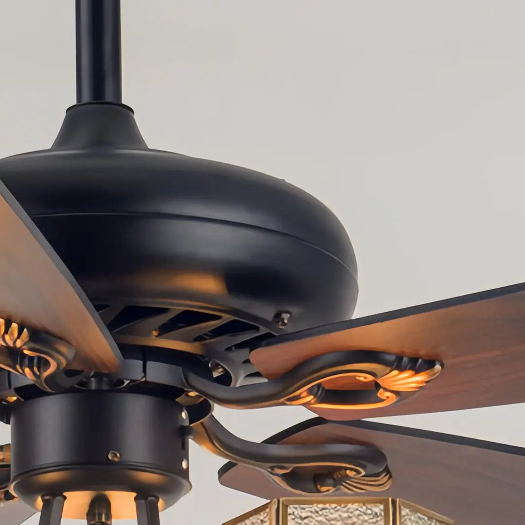Vintage-Inspired Ceiling Fan with Lights - Dark Wood Grain Lamp Luxe