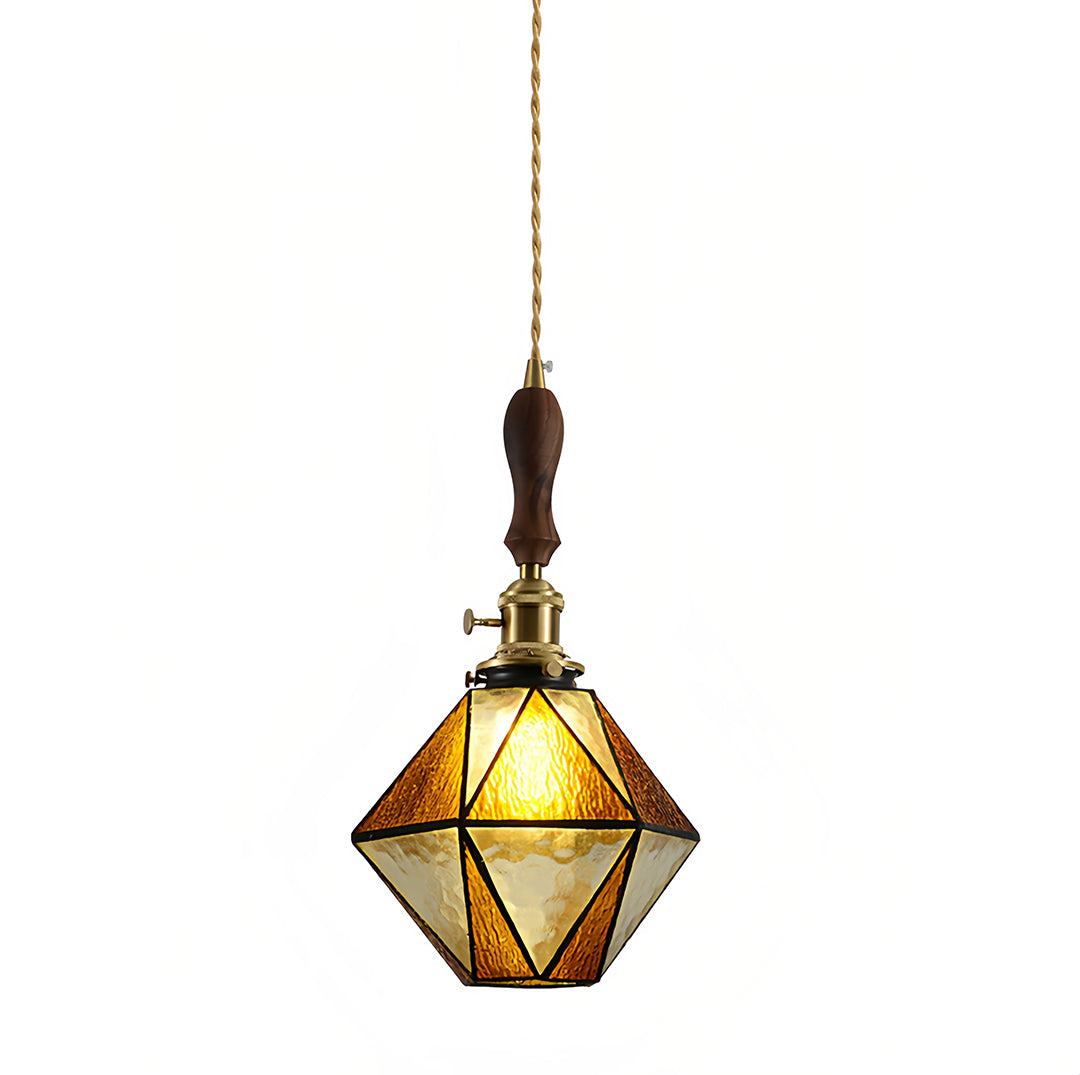 Diamond-Shaped Mini Pendant — Antique Brass, Wood and Tiffany Glass, 16W E27, 2m Adjustable Cord