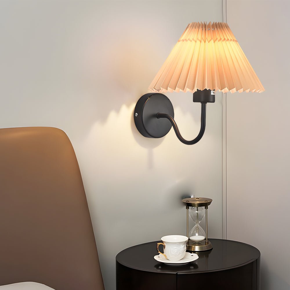 vintage dimmable metallic sconce with pleated fabric shade and single light