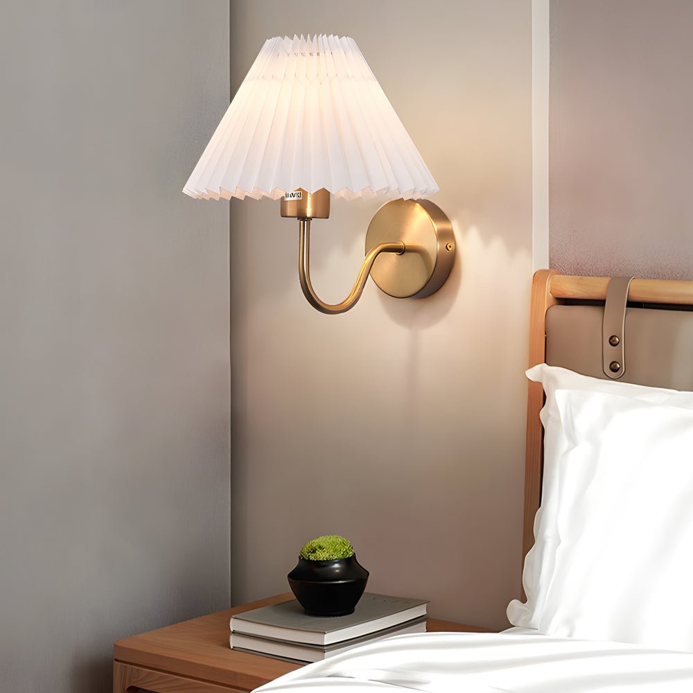 vintage dimmable metallic sconce with pleated fabric shade and single light