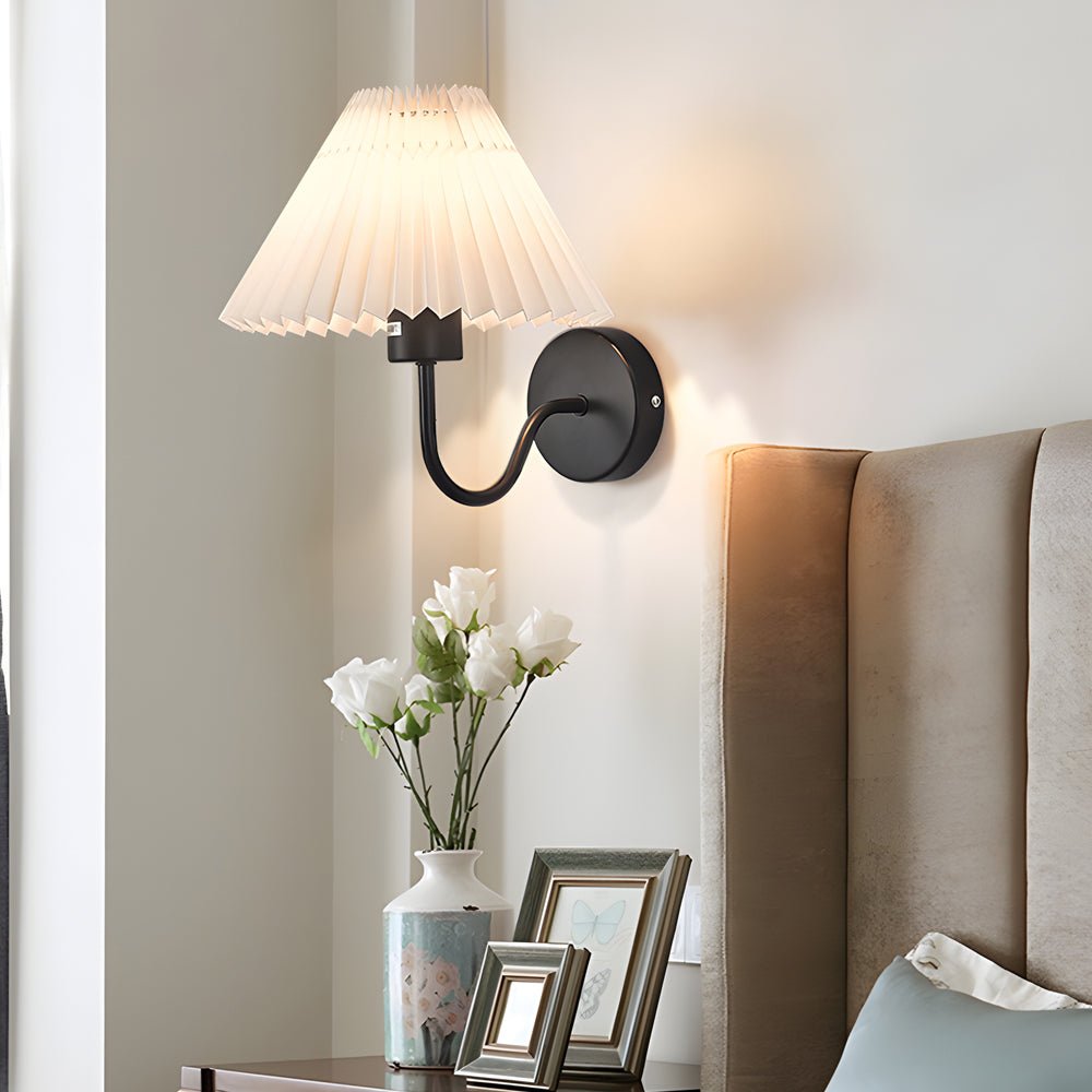 vintage dimmable metallic sconce with pleated fabric shade and single light