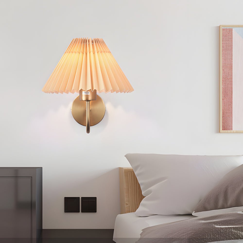 vintage dimmable metallic sconce with pleated fabric shade and single light