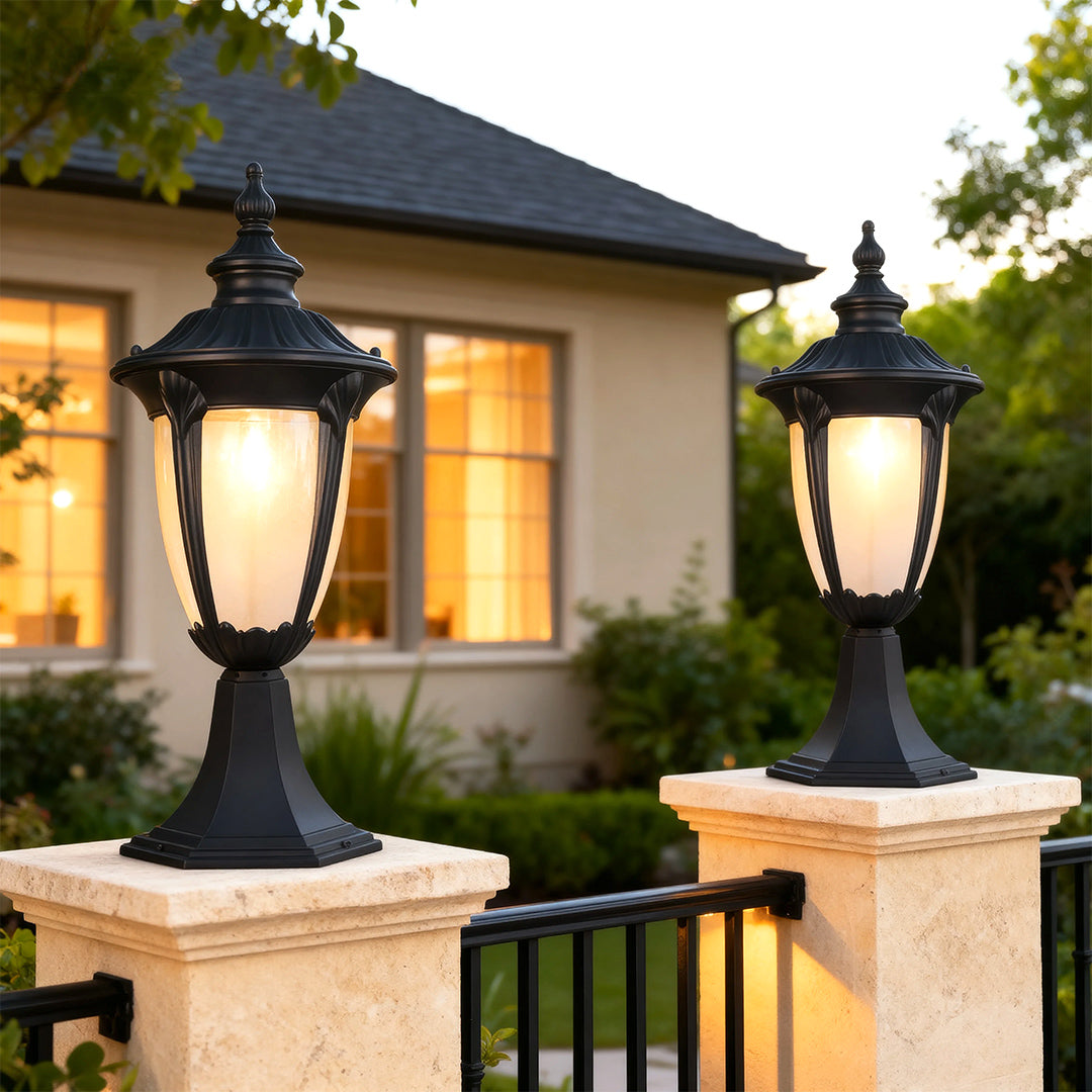 Minimalist Outdoor Pillar Light — Cast Aluminum, Sand-Black, 9W E26, IP44 Waterproof, 16.5" H