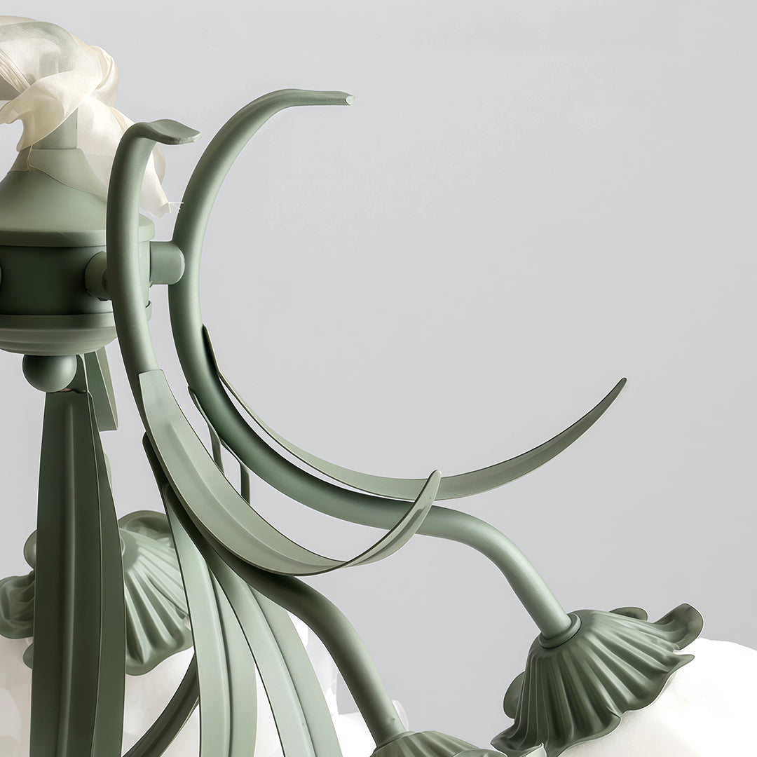 Lily-of-the-Valley Flower Chandelier — Green Iron, 8-Light, Three-Color Dimming, E27, 25.59" Wide
