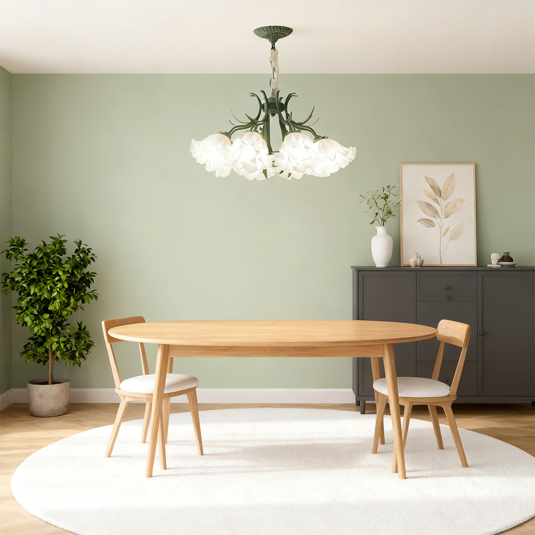 Lily-of-the-Valley Flower Chandelier — Green Iron, 8-Light, Three-Color Dimming, E27, 25.59" Wide