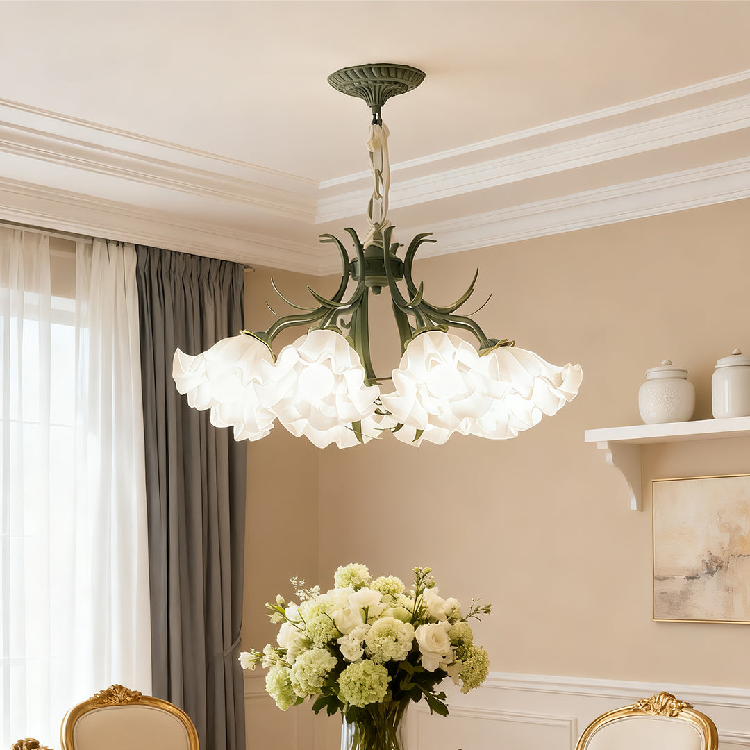 Lily-of-the-Valley Flower Chandelier — Green Iron, 8-Light, Three-Color Dimming, E27, 25.59" Wide