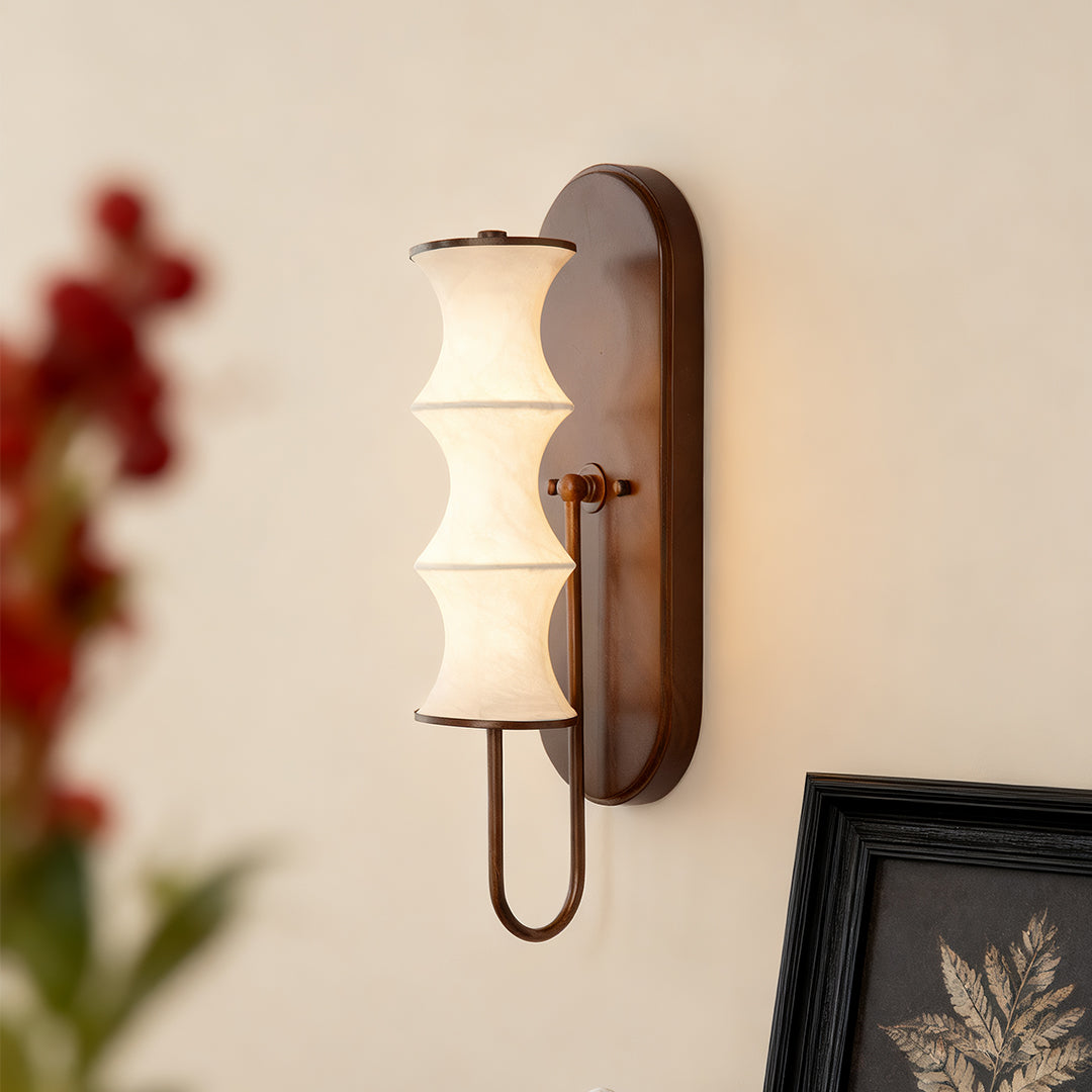 Bamboo Node Wall Sconce — Walnut-Finish Metal, Silk Shade, 8W LED 3000K, 19.7"