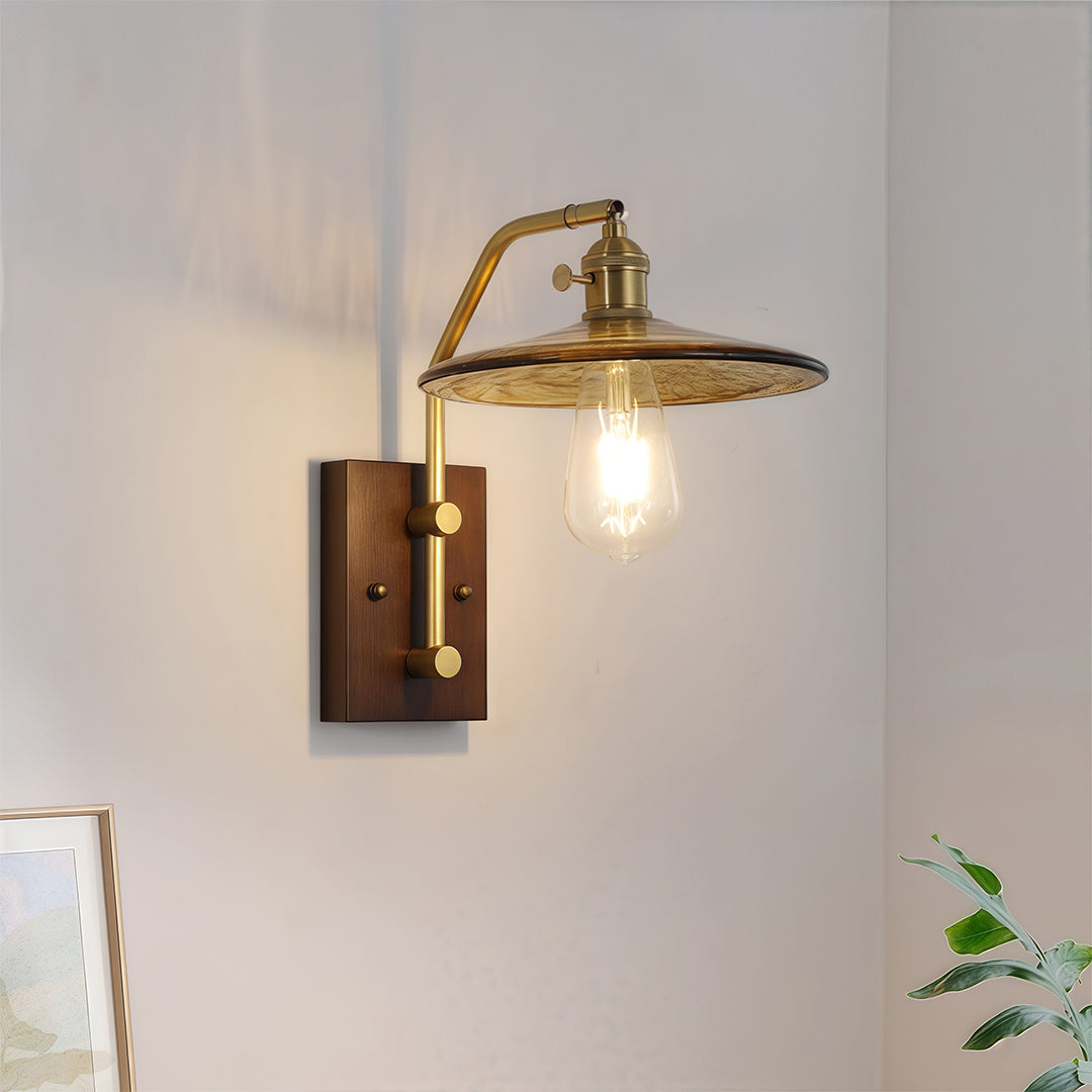 Retro Wave Glass Wall Sconce — Iron and Rubberwood, E27 LED, 3-Step Dimming (3000K/4500K/6000K), 3 Design Styles
