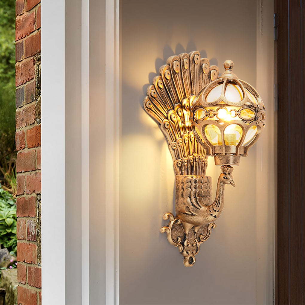 Peacock Outdoor Wall Sconce — Die-Cast Aluminum with Glass Shade, E27, IP55, 3000K, 1-Light