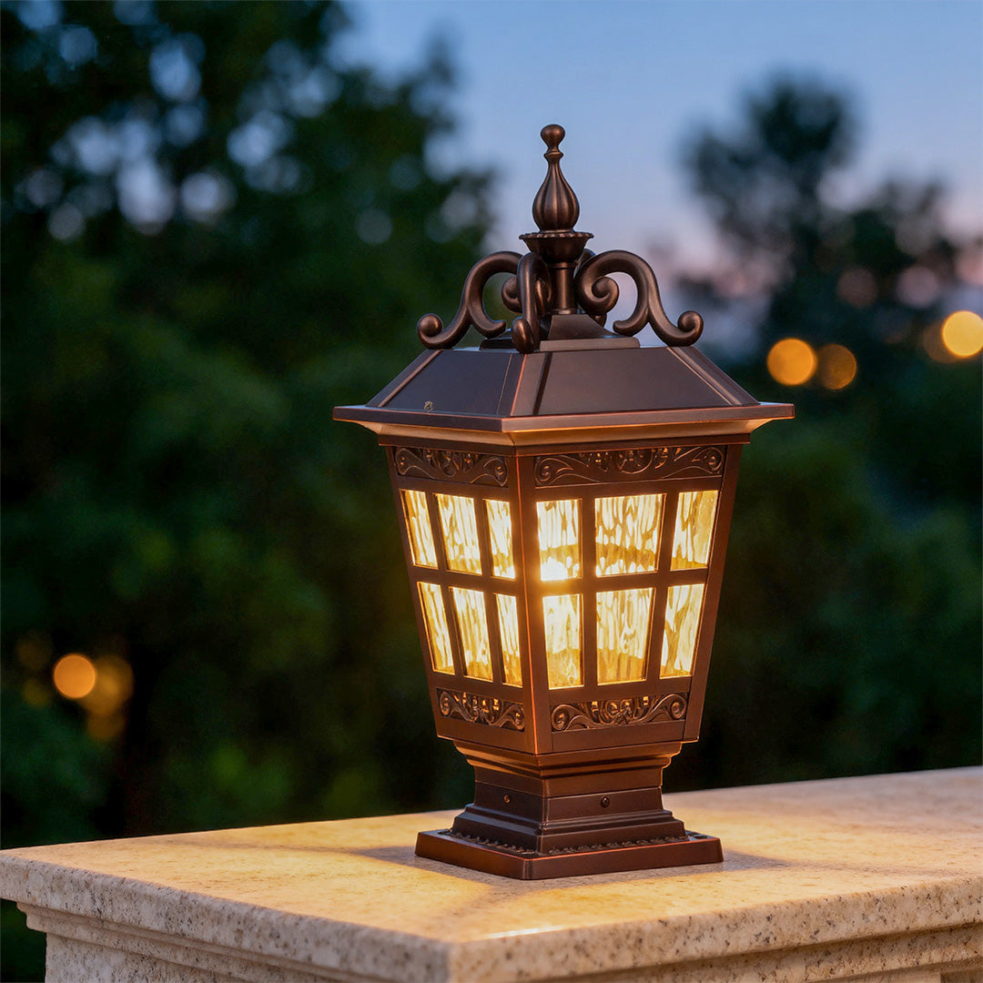 Vintage Carved Pillar Garden Light — Cast Aluminum with Glass Shade, 12W E27, IP44, 3000K Warm White