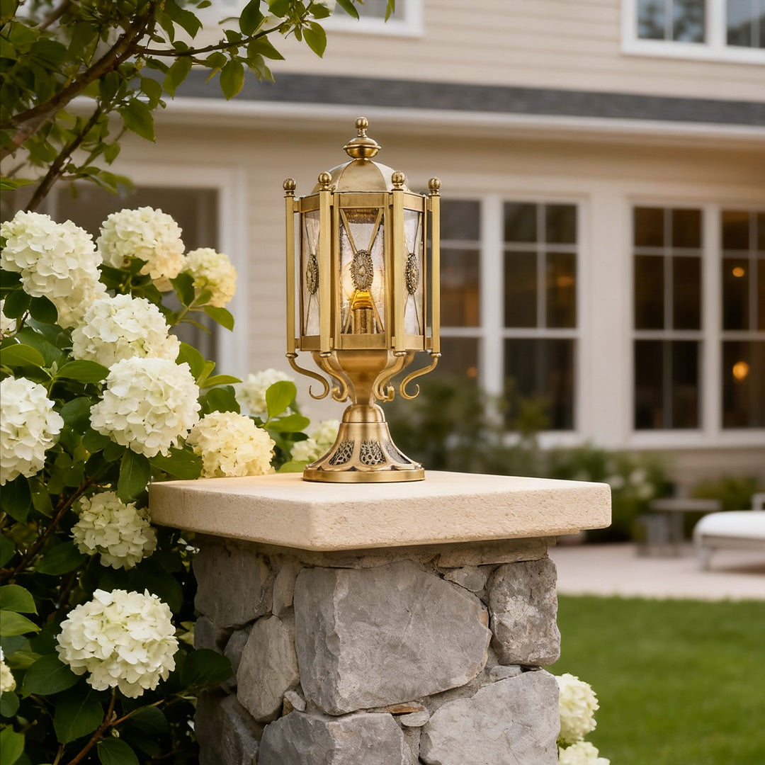 Vintage Copper Outdoor Pillar Light — Solid Copper, Glass Shade, IP55 Weatherproof, E27/E14