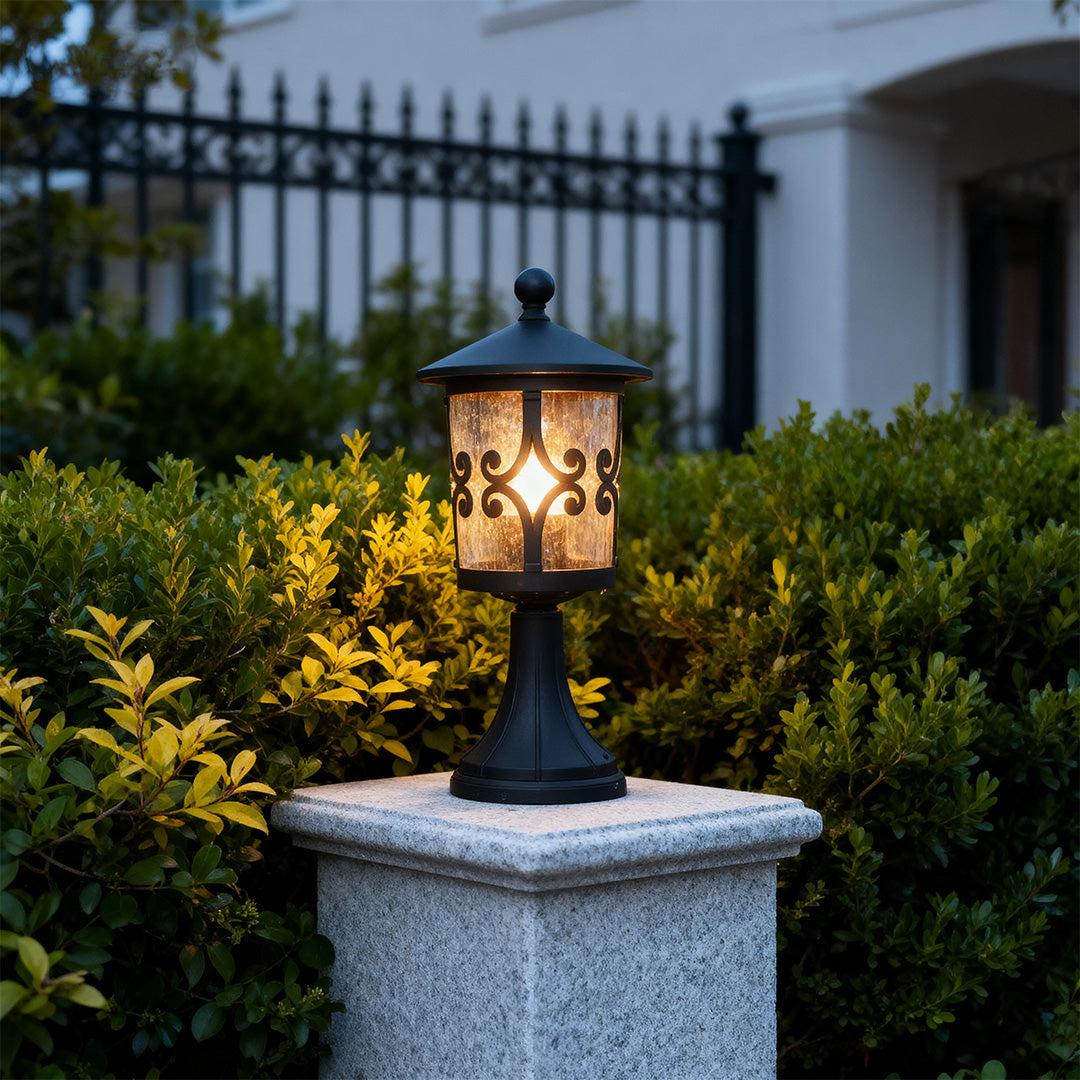 Classic Outdoor Pillar Light — Sand-Black Cast Aluminum and Glass, 9W E26, IP44, 3000K