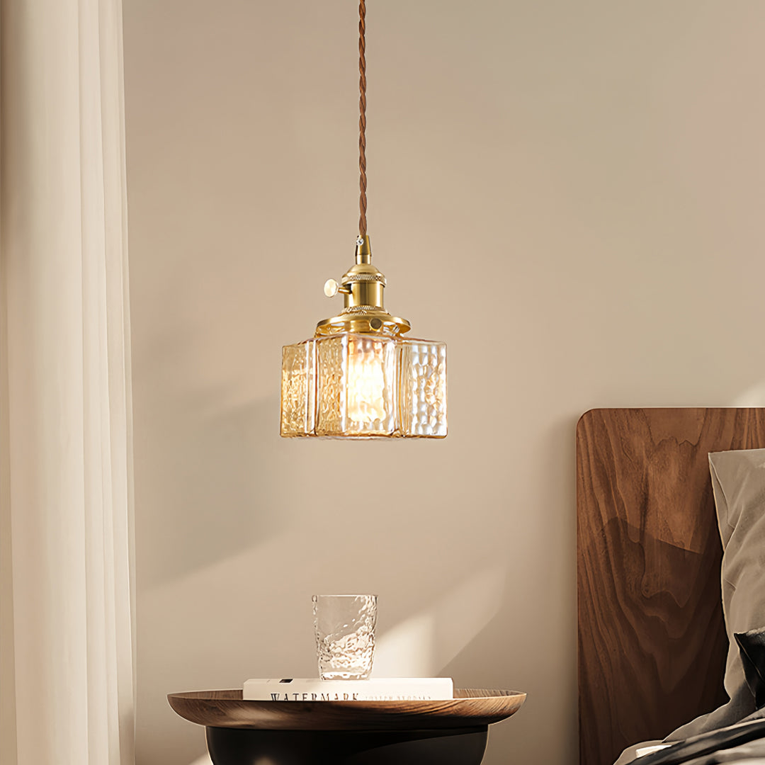 Vintage Brass and Glass Square Mini Pendant — Japandi Zen, Amber or Clear Glass, 3-Step Dimming, 2-Meter Adjustable Cord