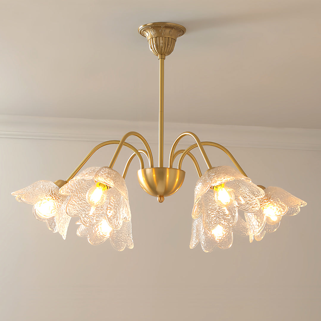 French Flower-Shaped Glass Chandelier — Full Copper, Brass Finish, 3-Step Dimming, 3, 6, or 8-Light