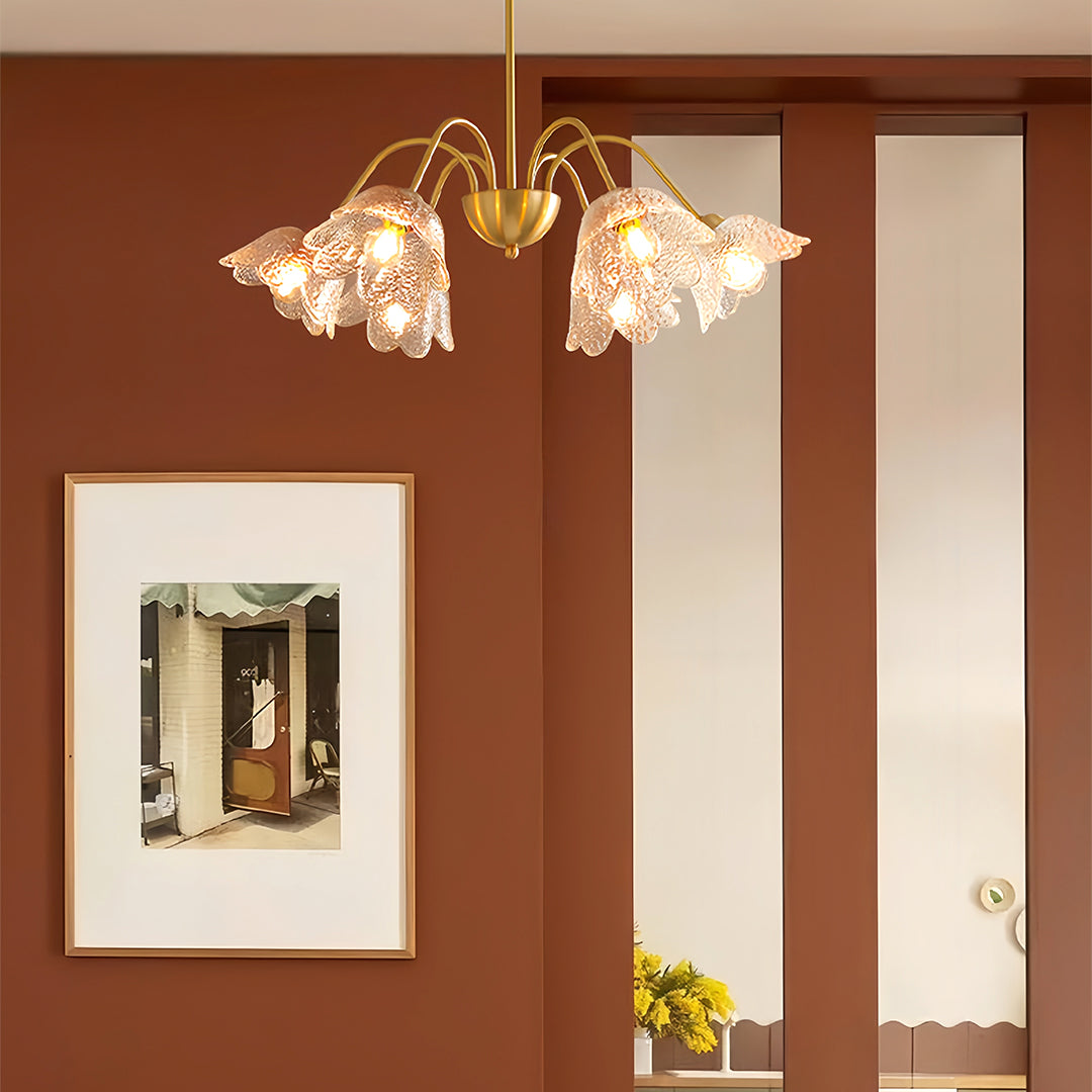 French Flower-Shaped Glass Chandelier — Full Copper, Brass Finish, 3-Step Dimming, 3, 6, or 8-Light