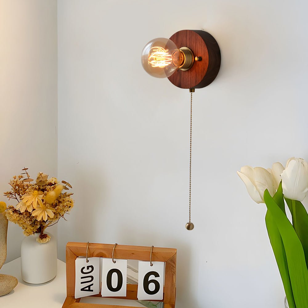 vintage walnut wood wall lamp 1 light design in roundsquare shape with pull chain switch