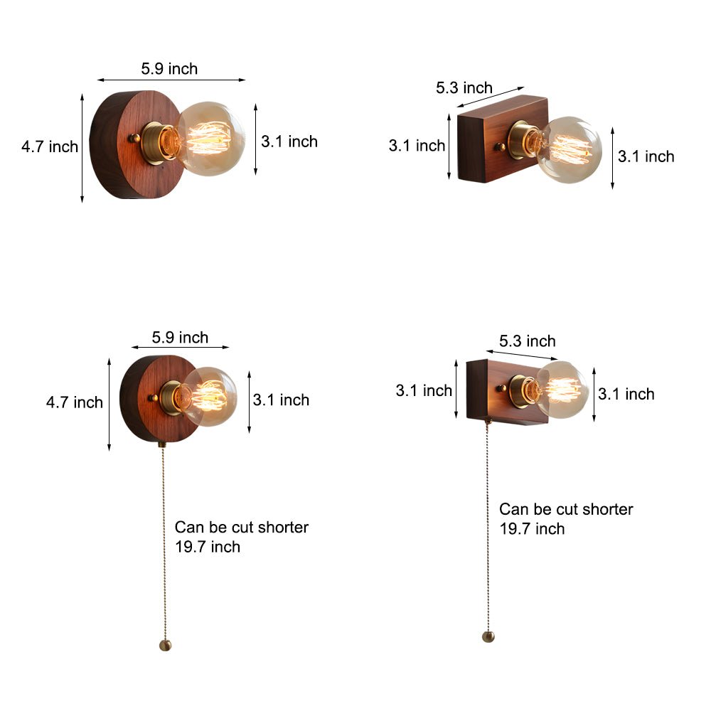 vintage walnut wood wall lamp 1 light design in roundsquare shape with pull chain switch