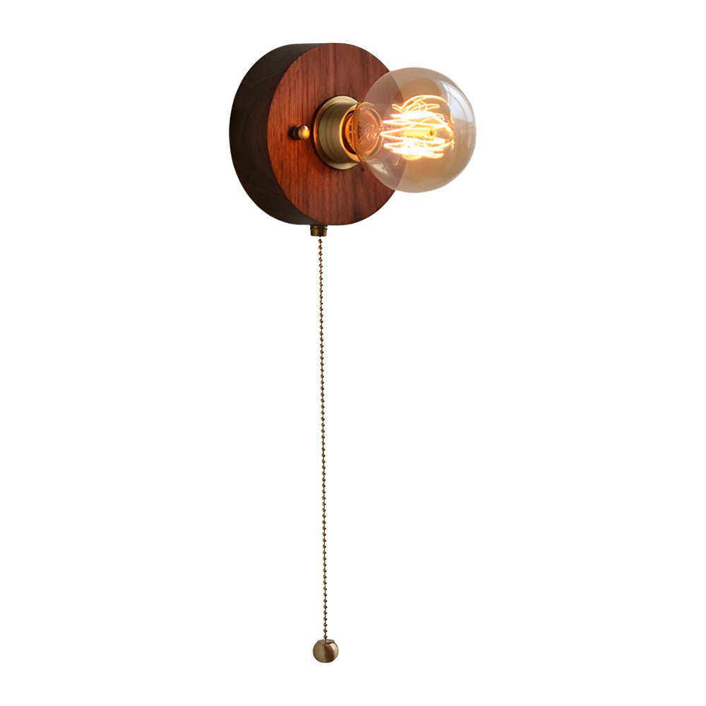 vintage walnut wood wall lamp 1 light design in roundsquare shape with pull chain switch