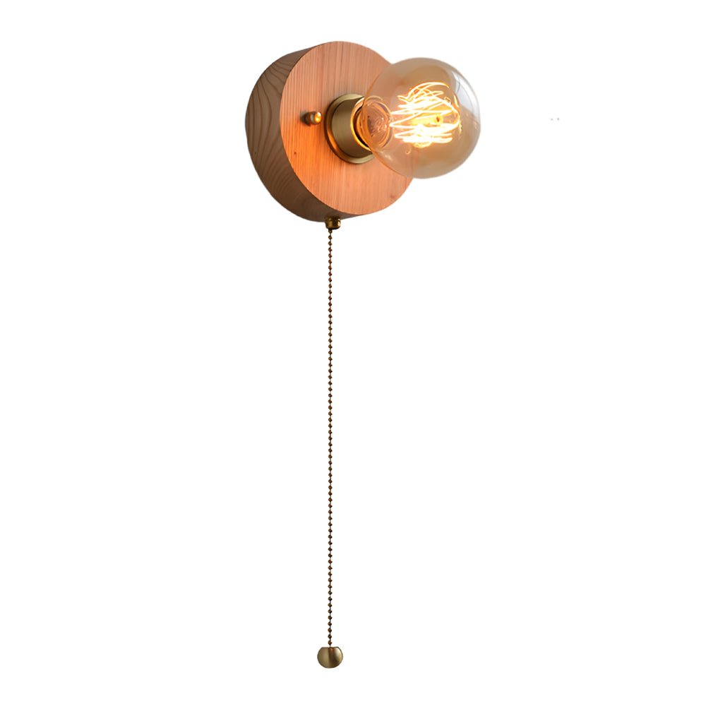 vintage walnut wood wall lamp 1 light design in roundsquare shape with pull chain switch