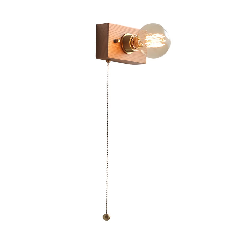vintage walnut wood wall lamp 1 light design in roundsquare shape with pull chain switch