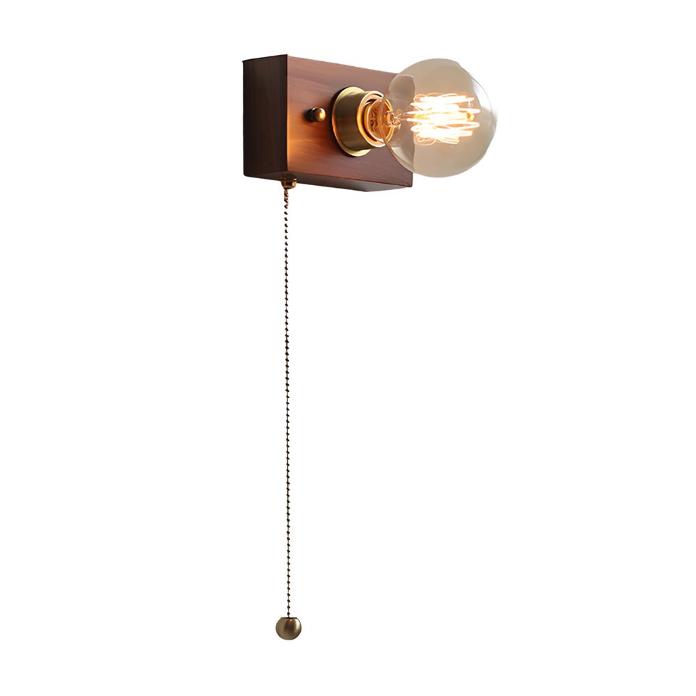 vintage walnut wood wall lamp 1 light design in roundsquare shape with pull chain switch