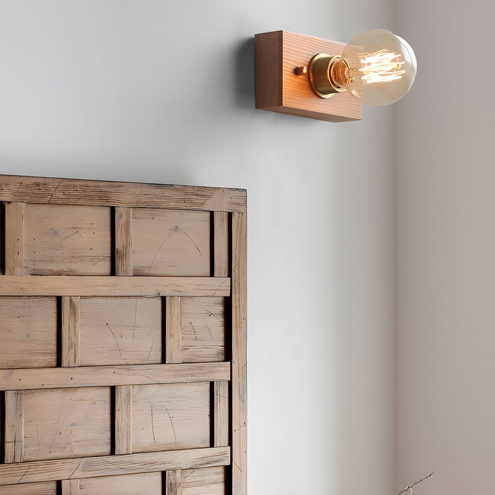vintage walnut wood wall lamp 1 light design in roundsquare shape with pull chain switch