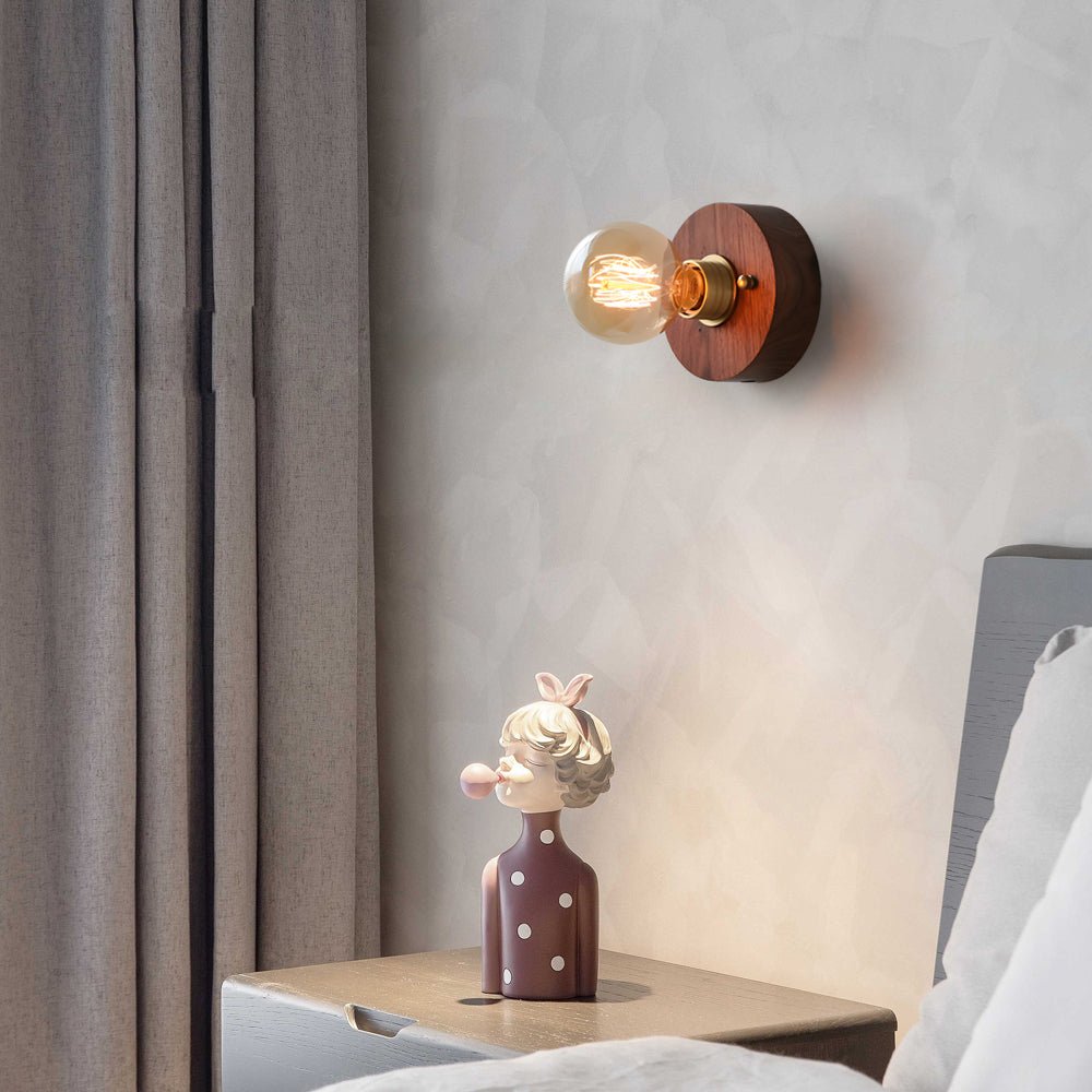 vintage walnut wood wall lamp 1 light design in roundsquare shape with pull chain switch