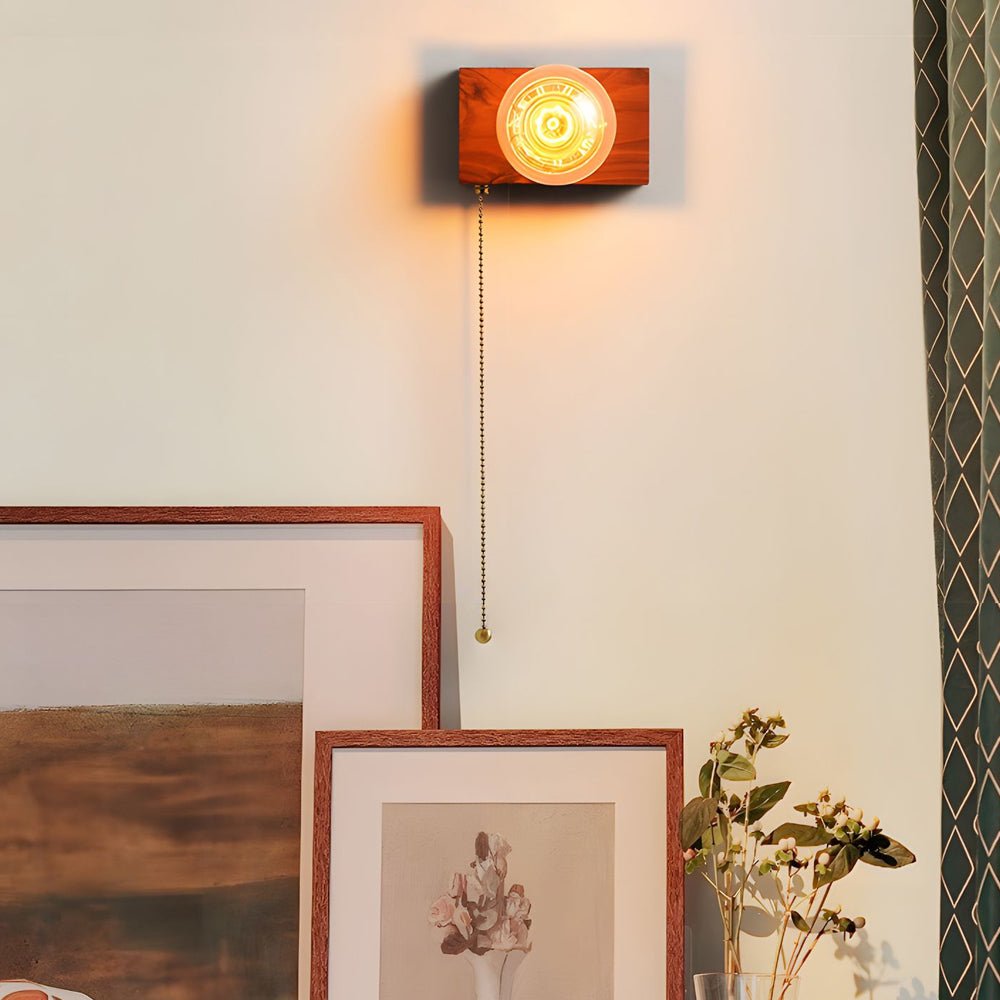 vintage walnut wood wall lamp 1 light design in roundsquare shape with pull chain switch