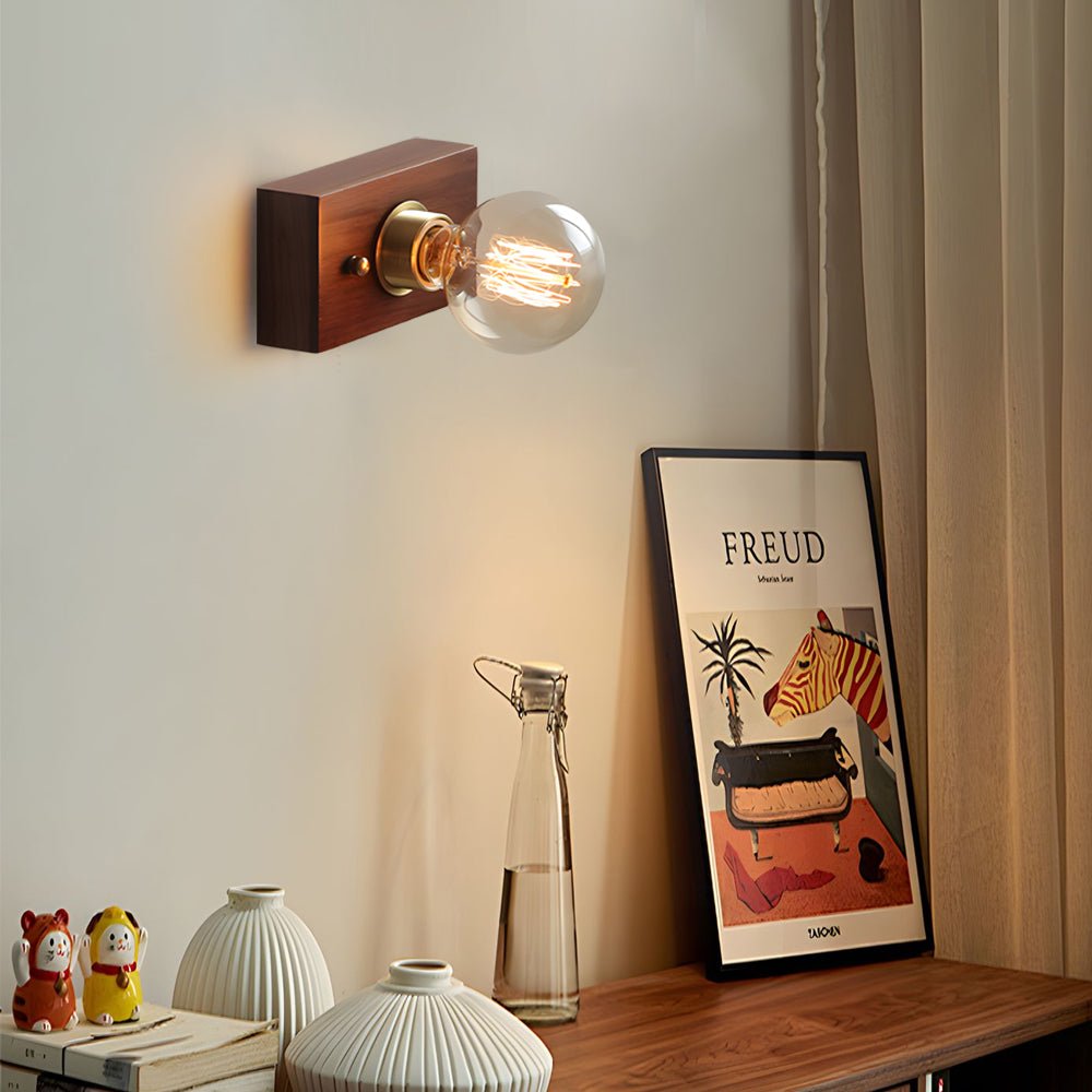 vintage walnut wood wall lamp 1 light design in roundsquare shape with pull chain switch
