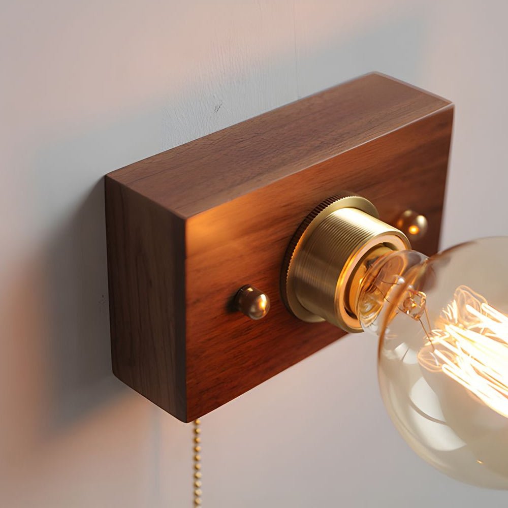 vintage walnut wood wall lamp 1 light design in roundsquare shape with pull chain switch